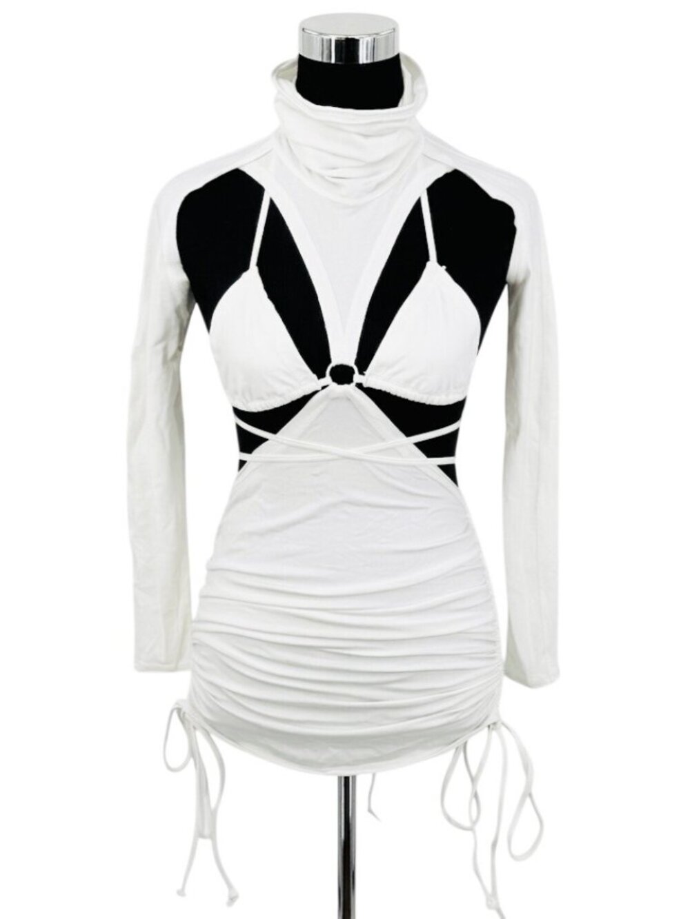 Dolls Kill White Strappy Cutout Ruched Sides Mini Dress| Rave Cyber Grunge Siren - Picture 2 of 13